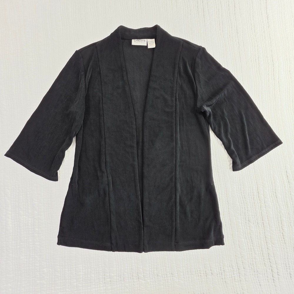 Chico's Travelers Size 0 S Black Ribbed Knit Open Front Cardigan Duster Layering